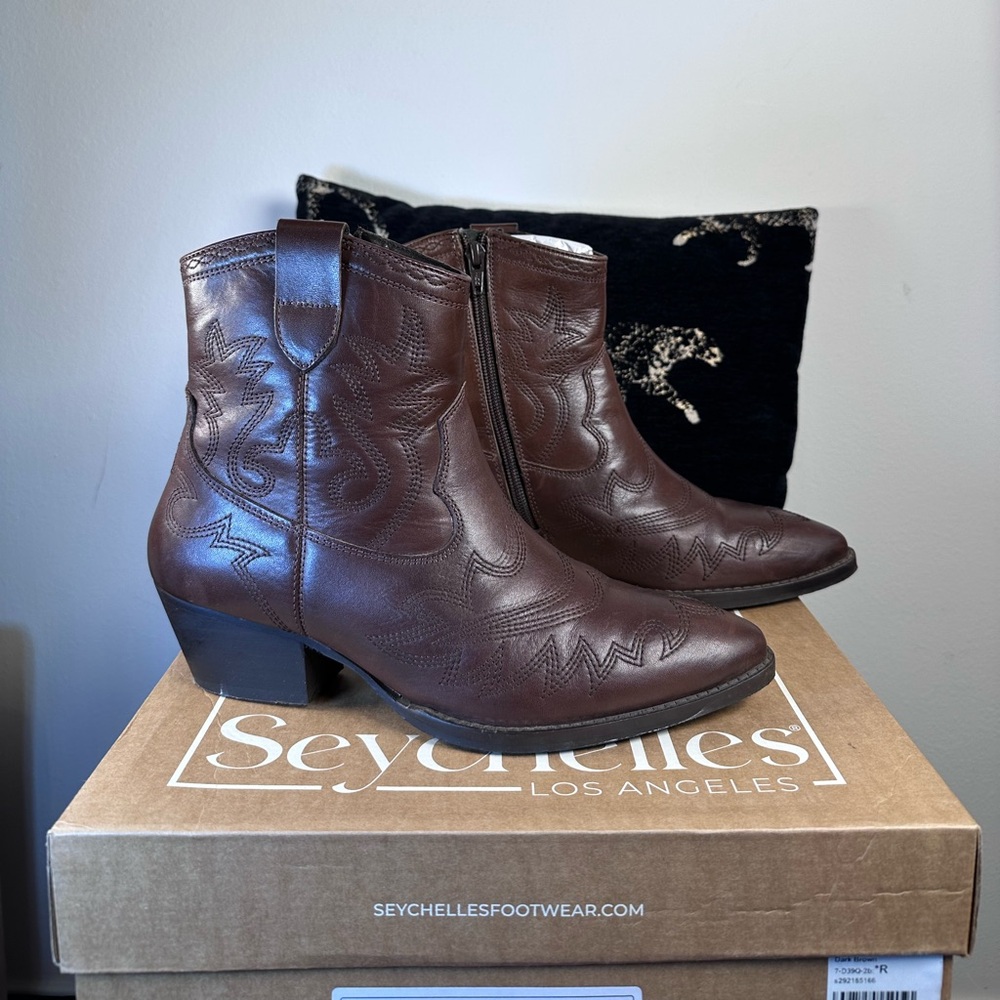 Seychelles Eagle Rock Boot in Dark Brown Leather cowboy ankle heeled heel